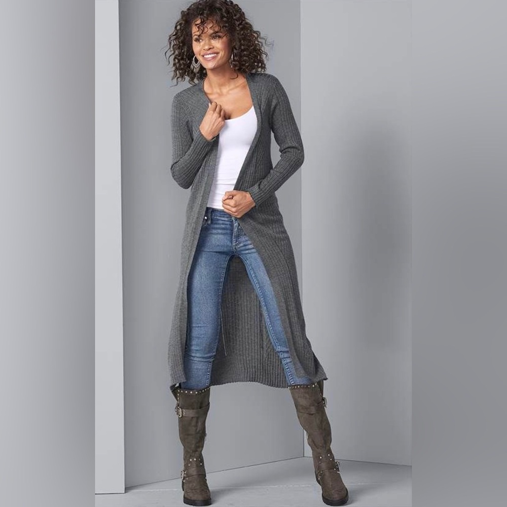 Venus Long Grey Ribbed Duster, M
